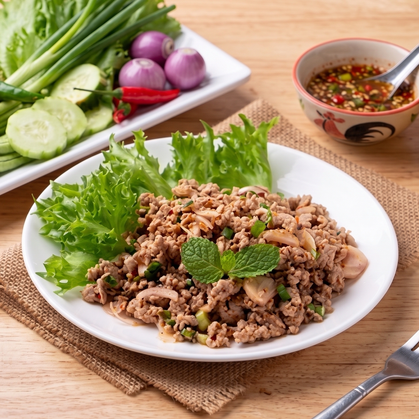 Larb Beef ลาบเนื้อ - Spicy minced beef salad with fresh Thai herbs and lime dressing at Sun2Moon Cafe Baltimore MD