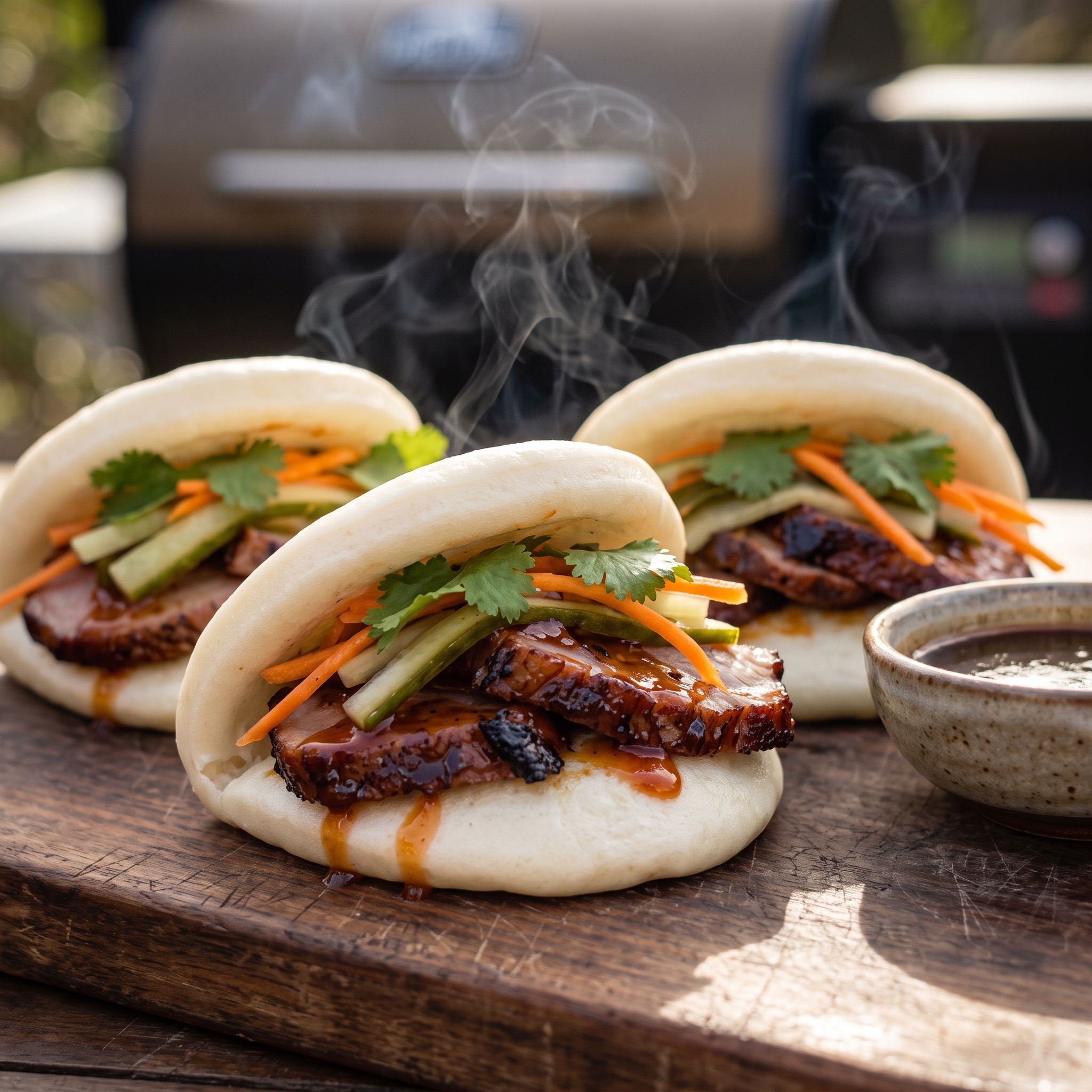 Duck Bao Bun เป็ดเปา บาโอ - Crispy duck served in steamed bao buns with Thai sauce at Sun2Moon Cafe Baltimore MD